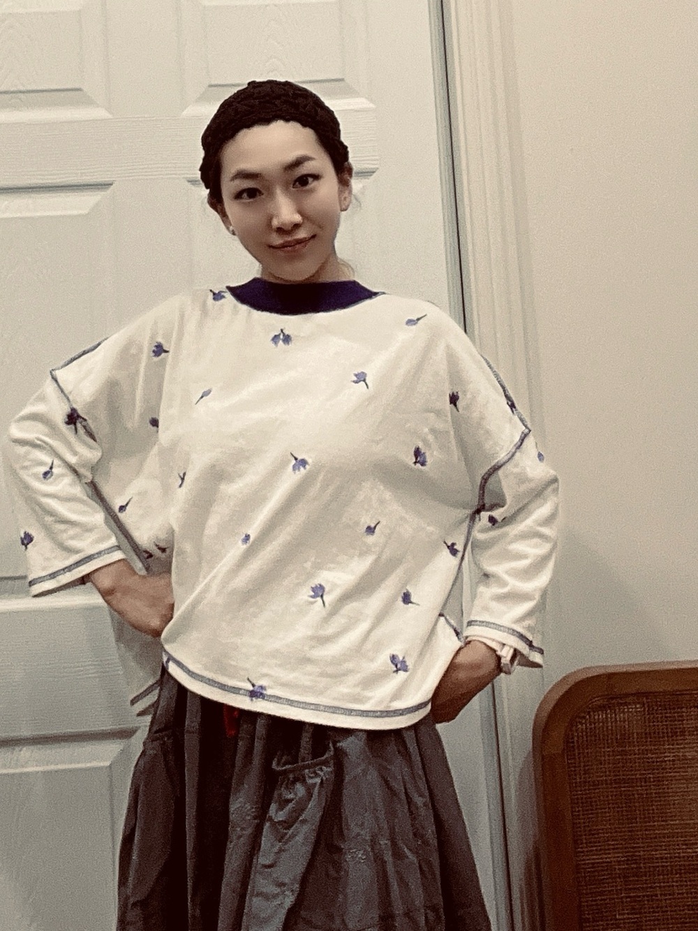 Cotton Oversized Sleeve Top with Violet Trim and Florals